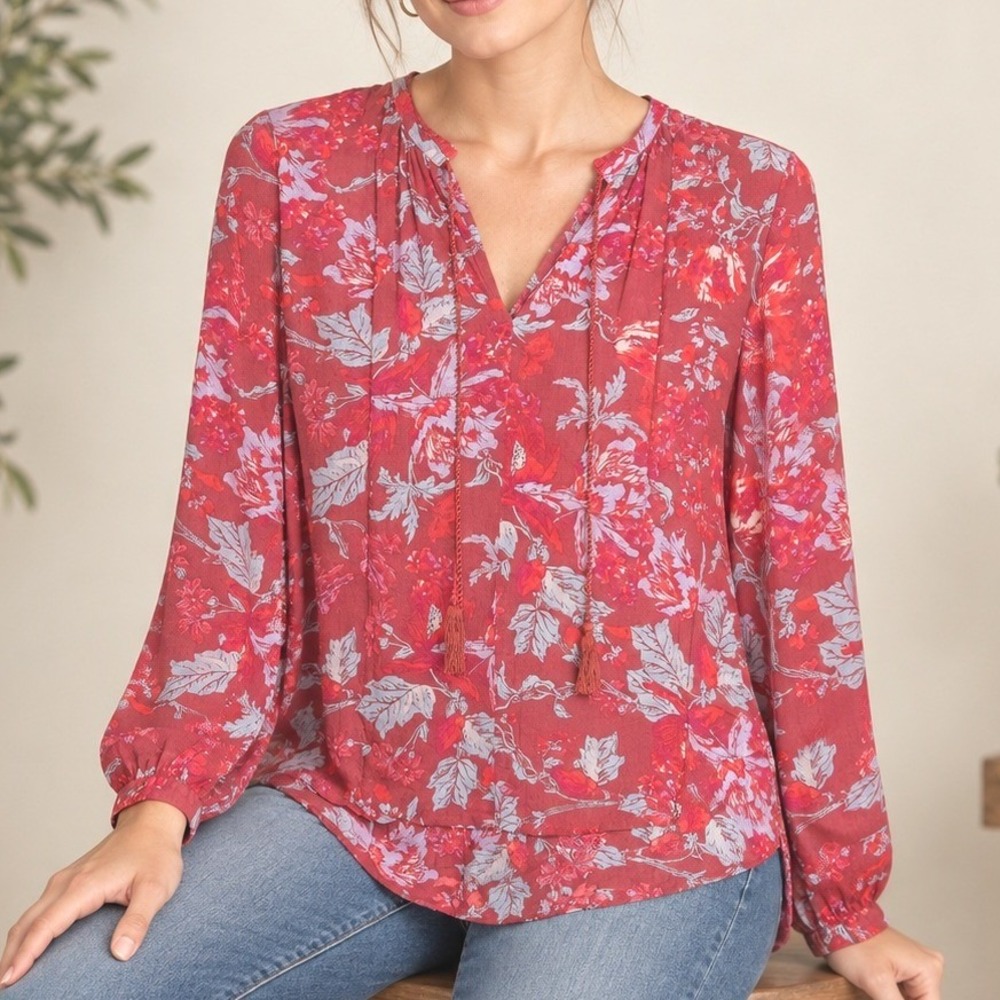 Lucky Brand Blouse Red Floral Tassel V-Neck Long Sleeve Top SZ M Festival Boho